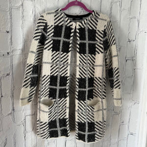 August Silk Black White Plaid Open Front Cardigan Sweater